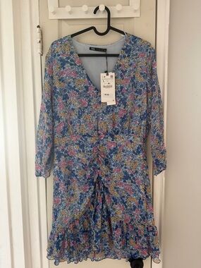 Zara Blue Floral Midi Dress with Pink & Yellow Accents